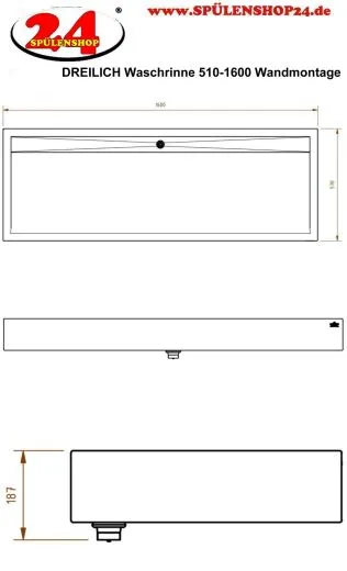 DREILICH Waschrinne 510-1600 mit Schrze wandhngend gekantete und geschweite Konstruktion Lnge 1600mm (3502180087)
