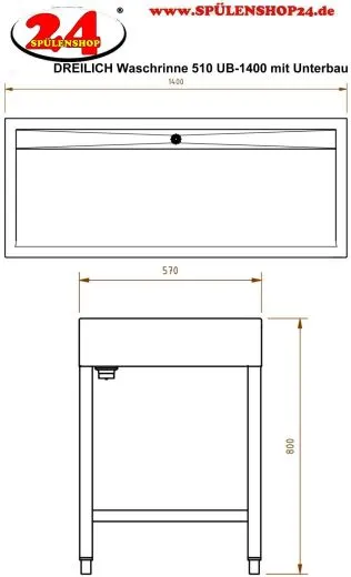 DREILICH Waschrinne 510 UB-1400 mit Schrze bodenstehend mit Unterbau gekantete und geschweite Konstruktion Lnge 1400mm (3502180253)