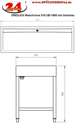 DREILICH Waschrinne 510 UB-1600 mit Schrze bodenstehend mit Unterbau gekantete und geschweite Konstruktion Lnge 1600mm (3502180254)