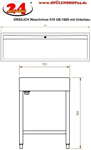 DREILICH Waschrinne 510 UB-1800 mit Schrze bodenstehend mit Unterbau gekantete und geschweite Konstruktion Lnge 1800mm (3502180255)