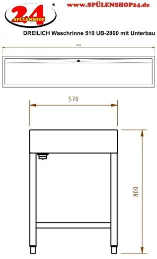 DREILICH Waschrinne 510 UB-2800 mit Schrze bodenstehend mit Unterbau gekantete und geschweite Konstruktion Lnge 2800mm (3502180258)