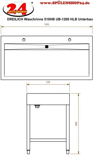 DREILICH Waschrinne 510HB UB-1200 mit Schrze und Hahnlochbank bodenstehend mit Unterbau geschweite Konstruktion Lnge 1200mm (3502180259)
