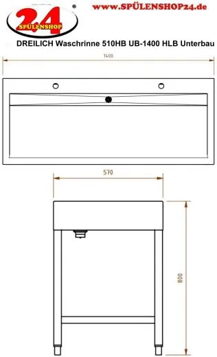 DREILICH Waschrinne 510HB UB-1400 mit Schrze und Hahnlochbank bodenstehend mit Unterbau geschweite Konstruktion Lnge 1400mm (3502180260)