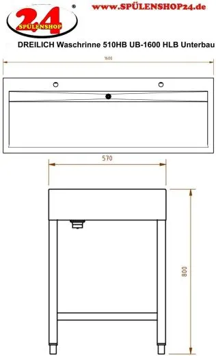 DREILICH Waschrinne 510HB UB-1600 mit Schrze und Hahnlochbank bodenstehend mit Unterbau geschweite Konstruktion Lnge 1600mm (3502180261)