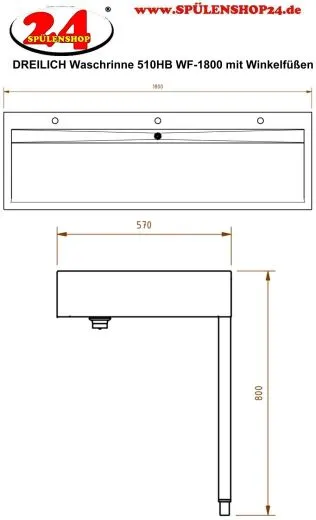 DREILICH Waschrinne 510HB WF-1800 mit Schrze und Hahnlochbank wandhngend mit Winkelfen geschweite Konstruktion Lnge 1800mm (3502180234)