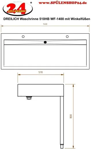 DREILICH Waschrinne 510HB WF-1400 mit Schrze und Hahnlochbank wandhngend mit Winkelfen geschweite Konstruktion Lnge 1400mm (3502180232)