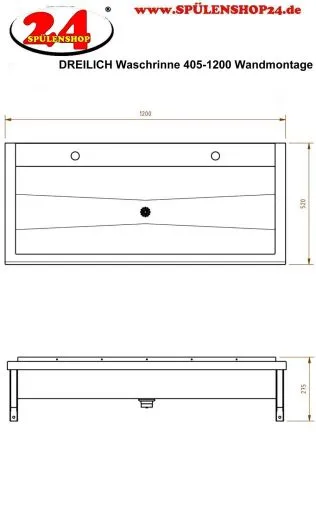 DREILICH Waschrinne 405-1200 ohne Schrze mit Hahnlochbank wandhngend gekantete und geschweite Konstruktion Lnge 1200mm (3502180167)