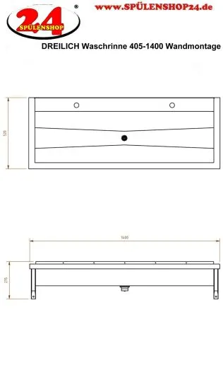 DREILICH Waschrinne 405-1400 ohne Schrze mit Hahnlochbank wandhngend gekantete und geschweite Konstruktion Lnge 1400mm (3502180168)