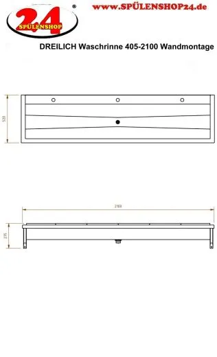 DREILICH Waschrinne 405-2100 ohne Schrze mit Hahnlochbank wandhngend gekantete und geschweite Konstruktion Lnge 2100mm (3502180171)