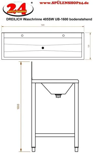 DREILICH Waschrinne 405SW UB-1600 ohne Schrze HLB mit Spritzwand bodenstehend mit Unterbau geschweite Konstruktion Lnge 1600mm (3502180247)