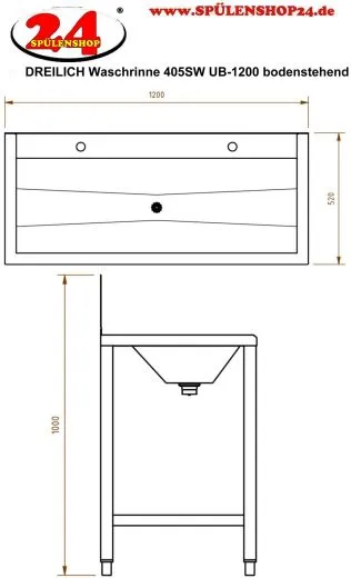 DREILICH Waschrinne 405SW UB-1200 ohne Schrze HLB mit Spritzwand bodenstehend mit Unterbau geschweite Konstruktion Lnge 1200mm (3502180245)