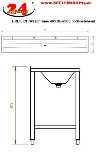 DREILICH Waschrinne 405 UB-2800 ohne Schrze Hahnlochbank bodenstehend mit Unterbau geschweite Konstruktion Lnge 2800mm (3502180244)