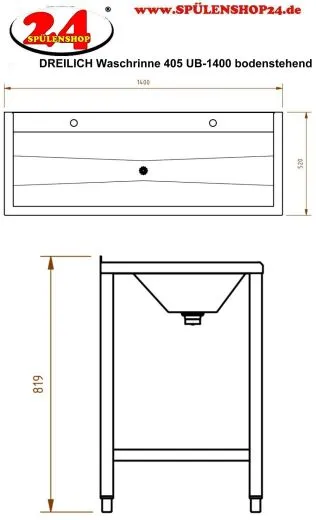 DREILICH Waschrinne 405 UB-1400 ohne Schrze Hahnlochbank bodenstehend mit Unterbau geschweite Konstruktion Lnge 1400mm (3502180239)