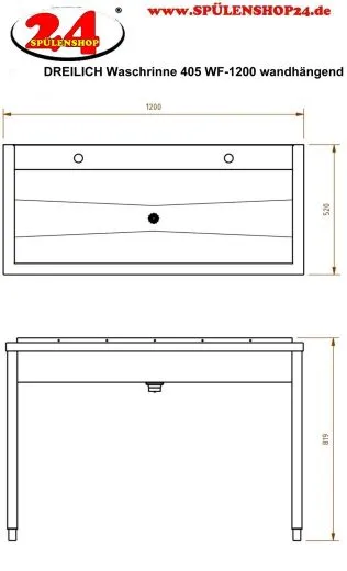 DREILICH Waschrinne 405 WF-1200 ohne Schrze mit Hahnlochbank wandhngend mit Winkelfen geschweite Konstruktion Lnge 1200mm (3502180210)