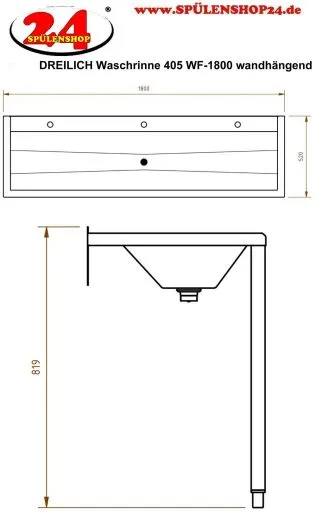 DREILICH Waschrinne 405 WF-1800 ohne Schrze mit Hahnlochbank wandhngend mit Winkelfen geschweite Konstruktion Lnge 1800mm (3502180213)
