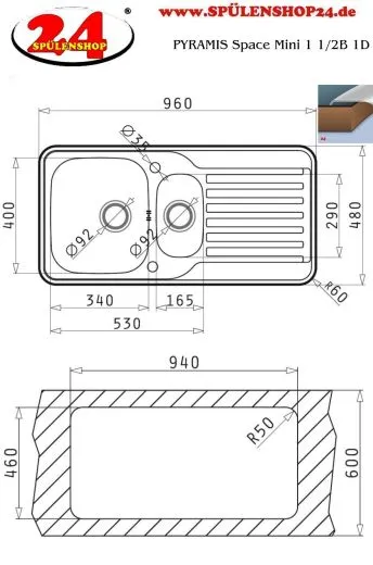 PYRAMIS Kchensple Space Mini 1 1/2B 1D Einbausple / Edelstahlsple Siebkorb als Drehknopfventil