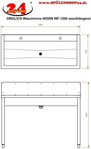 DREILICH Waschrinne 405SW WF-1200 ohne Schrze mit Spritzwand HLB wandhngend mit Winkelfen geschweite Konstruktion Lnge 1200mm (3502180217)
