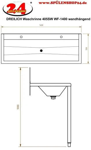 DREILICH Waschrinne 405SW WF-1400 ohne Schrze mit Spritzwand HLB wandhngend mit Winkelfen geschweite Konstruktion Lnge 1400mm (3502180218)
