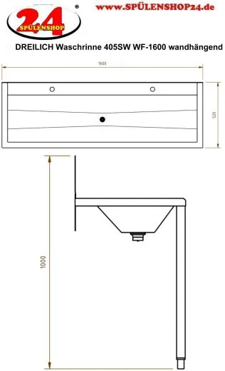 DREILICH Waschrinne 405SW WF-1600 ohne Schrze mit Spritzwand HLB wandhngend mit Winkelfen geschweite Konstruktion Lnge 1600mm (3502180219)