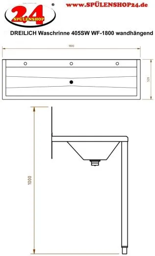 DREILICH Waschrinne 405SW WF-1800 ohne Schrze mit Spritzwand HLB wandhngend mit Winkelfen geschweite Konstruktion Lnge 1800mm (3502180220)