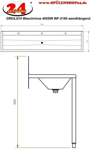 DREILICH Waschrinne 405SW WF-2100 ohne Schrze mit Spritzwand HLB wandhngend mit Winkelfen geschweite Konstruktion Lnge 2100mm (3502180221)