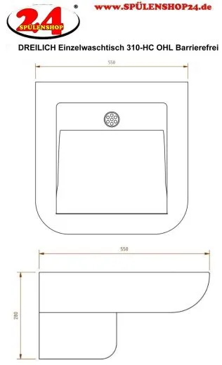 DREILICH Einzelwaschtisch Handicap 310-HC ohne Hahnlochbohrung Barrierefrei* wandhngende Montage (3502180155)