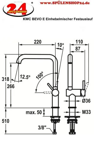 KWC Kchenarmatur Bevo E 10.531.012.700FL Einhebelmischer Edelstahl massiv mit Festauslauf Griffposition rechts (125346)