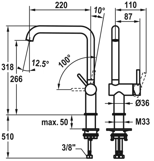 KWC Kchenarmatur Bevo E 10.531.012.751FL Einhebelmischer Industrial Black mit Festauslauf Griffposition rechts (125347)