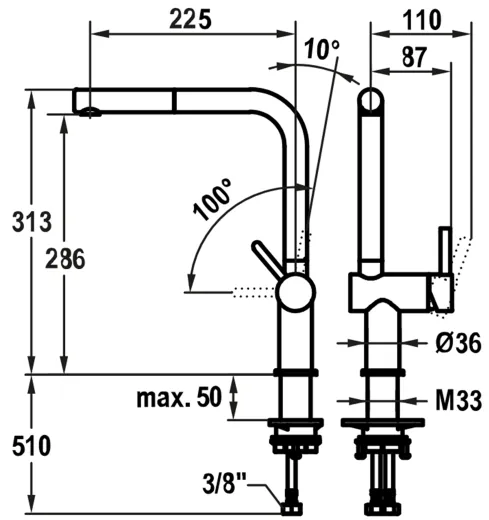 KWC Kchenarmatur Bevo E 10.531.103.700FL Einhebelmischer Edelstahl massiv mit Zugauslauf Griffposition rechts (125350)