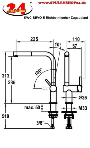 KWC Kchenarmatur Bevo E 10.531.103.751FL Einhebelmischer Industrial Black mit Zugauslauf Griffposition rechts (125351)