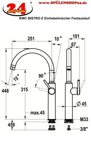 KWC Kchenarmatur Bistro E 10.581.013.700FL Einhebelmischer Edelstahl massiv mit Festauslauf Griffposition rechts (125692)