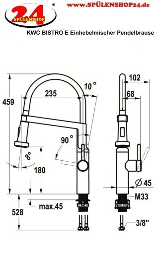 KWC Kchenarmatur Bistro E 10.581.433.700FL Einhebelmischer Edelstahl massiv mit Festauslauf und Pendelbrause (125694)