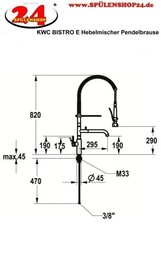 KWC Kchenarmatur Bistro E 10.581.144.700FL Einhebelmischer Edelstahl massiv mit Festauslauf und Geschirrwaschbrause (125696)