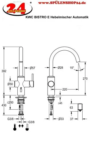 KWC Kchenarmatur Bistro E 10.581.102.700FL Einhebelmischer Edelstahl massiv Berhrungsloser Sensor opto-elektronisch gesteuert mit Batteriefach (3600001625)