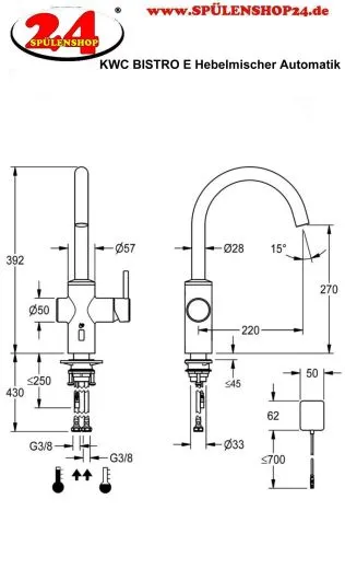 KWC Kchenarmatur Bistro E 10.581.112.700FL Einhebelmischer Edelstahl massiv Berhrungsloser Sensor opto-elektronisch gesteuert mit Netzteil (3600001626)