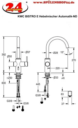 KWC Kchenarmatur Bistro E 10.581.122.700FL Einhebelmischer Edelstahl massiv Berhrungsloser Sensor opto-elektronisch gesteuert mit Batteriefach Niederdruck (3600001627)
