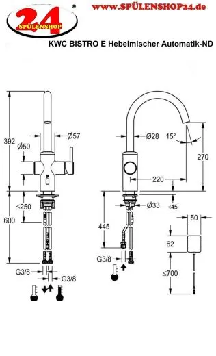 KWC Kchenarmatur Bistro E 10.581.132.700FL Einhebelmischer Edelstahl massiv Berhrungsloser Sensor opto-elektronisch gesteuert mit Netzteil Niederdruck (3600001628)