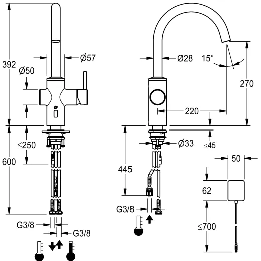 KWC Kchenarmatur Bistro E 10.581.132.700FL Einhebelmischer Edelstahl massiv Berhrungsloser Sensor opto-elektronisch gesteuert mit Netzteil Niederdruck (3600001628)