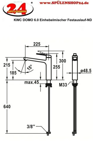 KWC Kchenarmatur Domo 6.0 10.665.023.000FL Einhebelmischer Chrom mit Festauslauf Niederdruck (124921)