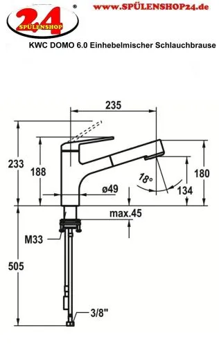 KWC Kchenarmatur Domo 6.0 10.661.533.000FL Einhebelmischer Chrom mit Zugauslauf und Brausefunktion (125481)