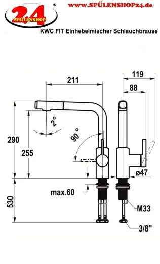 KWC Kchenarmatur FIT 10.541.002.000FL Einhebelmischer Chrom mit Zugauslauf und Brausefunktion Griffposition rechts (125576)