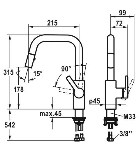 KWC Kchenarmatur Luna-E 10.441.004.176FL Einhebelmischer Matt Black mit Zugauslauf und Brausefunktion Griffposition rechts (125134)