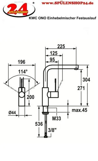KWC Kchenarmatur Ono 10.151.013.000FL Einhebelmischer Chrom mit Festauslauf Bedienhebel aus Medizinstahl (121858)