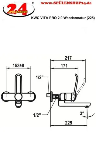 KWC Vita Pro 2.0 11.522.203.000 WA Einhebelmischer Waschtisch Chrom Wandarmatur geeignet Medizinischer Bereich (125233)