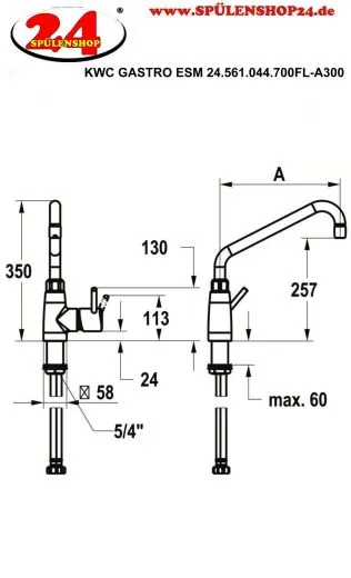 KWC Gastro E 24.561.044.700FL-A300 Einhebelmischer Gastroarmatur / Gewerbearmatur Edelstahl massiv V4A (316) fr die Profikche (125565)