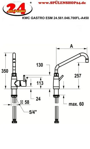 KWC Gastro E 24.561.046.700FL-A450 Einhebelmischer Gastroarmatur / Gewerbearmatur Edelstahl massiv V4A (316) fr die Profikche (125566)