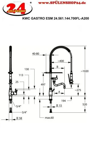 KWC Gastro E 24.561.144.700FL-A200-SB Gastroarmatur mit Pendelbrause Edelstahl massiv V4A (316) fr die Profikche (125567)