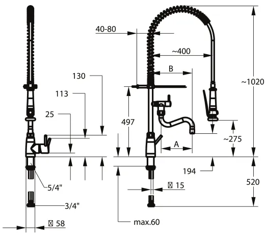KWC Gastro E 24.561.144.700FL-A200-SB Gastroarmatur mit Pendelbrause Edelstahl massiv V4A (316) fr die Profikche (125567)