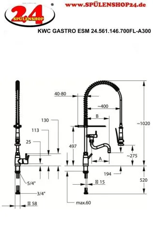KWC Gastro E 24.561.146.700FL-A300-SB Gastroarmatur mit Pendelbrause Edelstahl massiv V4A (316) fr die Profikche (125568)