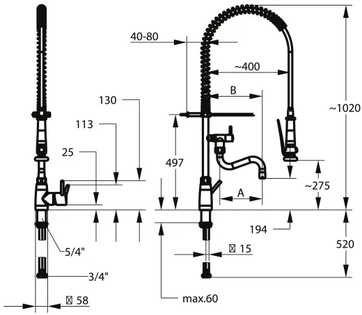 KWC Gastro E 24.561.146.700FL-A300-SB Gastroarmatur mit Pendelbrause Edelstahl massiv V4A (316) fr die Profikche (125568)